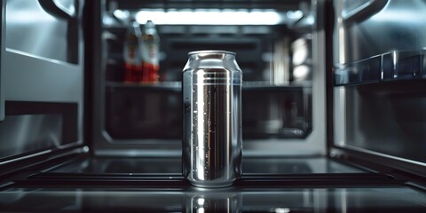 Wall Mural - Mockup of an aluminum beverage can inside an empty refrigerator. Concept Product Photography, Mockup Design, Beverage Packaging, Refrigerator Interior, Aluminum Can