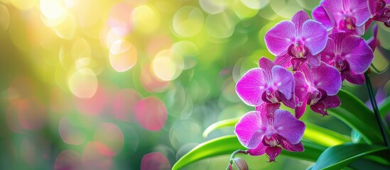 Poster - Closeup shot of blooming purple dendrobium orchid flowers with a green leaves background in a copy space image.