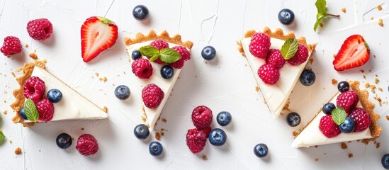 Poster - Cheesecake slices with berries on a white background, perfect for copy space image.