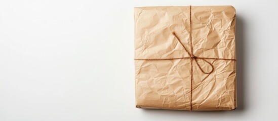 Poster - Package wrapped in brown kraft paper against a white backdrop with copy space image.