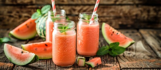 Poster - Melon smoothie in glass jars on a wooden table with a rustic background, ideal for a copy space image.