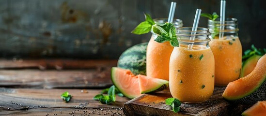 Poster - Melon smoothie in glass jars on a wooden table with a rustic background, ideal for a copy space image.