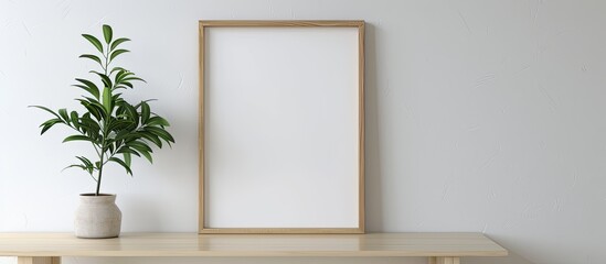Poster - Table with a houseplant next to a photo frame on a white wall with a space for images. Copy space image. Place for adding text and design