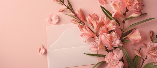 Fototapete - Spring-themed greeting card mockup featuring a flower arrangement, envelope, and copy space image for text.