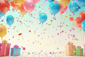 Poster - Brightly colored balloons and confetti float above wrapped presents in a festive birthday party scene. Generative AI