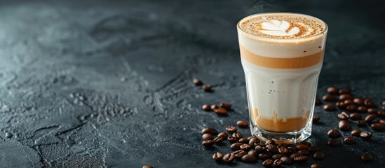 Latte macchiato and geyser coffee maker displayed with a glass of latte macchiato, scattered coffee beans on a dark background, with ample copy space image.