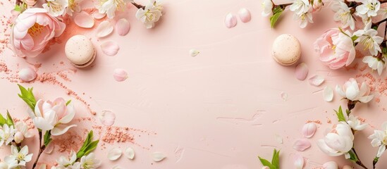 Poster - Spring background with a desk featuring ample copy space image for decoration and flowers.