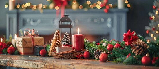 Aufkleber - Festive fireplace with Christmas decorations on a table with copy space image.