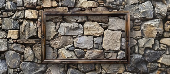 Fototapete - Stone wall with an empty picture frame billboard can be used as a white canvas mock-up image. Copy space image. Place for adding text and design