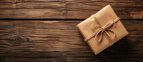 Poster - Parcel or gift on a wooden surface with copy space image.