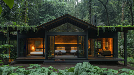 A small, dark grey wooden cabin with green leaves on the roof and walls is nestled in lush forested surroundings. The front porch has large windows that face directly to the camera.