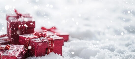 Wall Mural - Red gift boxes placed in the snow on a white backdrop with a designated area for text or images. Copy space image. Place for adding text and design