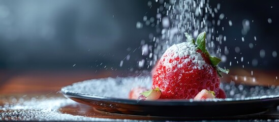 Wall Mural - Plate with a strawberry topped with sugar, creating a sweet and appetizing copy space image.
