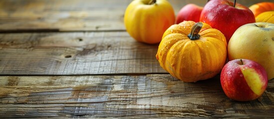 Poster - Wooden background with a pumpkin and red and yellow apples setup for a perfect autumn copy space image.