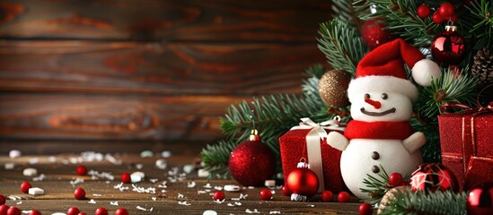 Poster - Festive Christmas decorations with gift boxes and snowman cookie adorn the fir tree branches on a wooden table with copy space image.