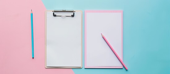 Poster - Business concept displayed on a pastel blue and pink background with a blank clipboard, white paper, and pencils,top view flat lay copy space image.