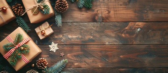 Poster - A festive Christmas and New Year arrangement is showcased on a wooden surface, featuring a postcard adorned with a fir branch, toys, and a view from above, emphasizing a flat lay design with ample
