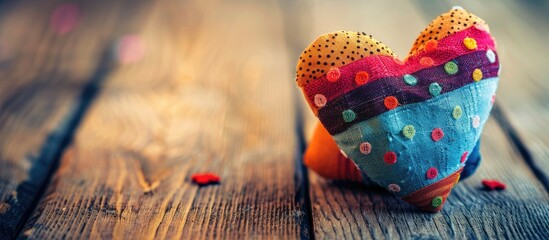 Aufkleber - Valentine's Day concept with a colorful fabric heart displayed on a wooden table, giving a warm and inviting vibe, perfect for a copy space image.