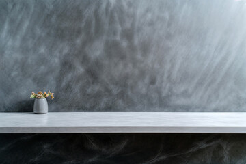Poster - Elegant Minimalist Interior with Grey Textured Wall and Small Flower Vase on White Marble Shelf, Modern and Tranquil Home Decor, Sophisticated and Serene Design