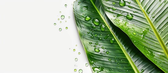 Aufkleber - Banana leaf with drops on a clear white backdrop, perfect for copy space image.