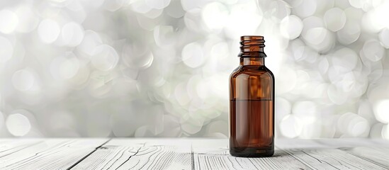 Wall Mural - Medical drops bottle on a white wooden surface with a blurred background providing ample copy space image.