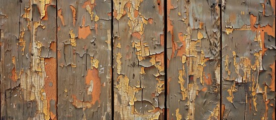 Poster - Brown background created by old, weathered wooden planks displaying peeling paint and cracks, perfect for a copy space image.