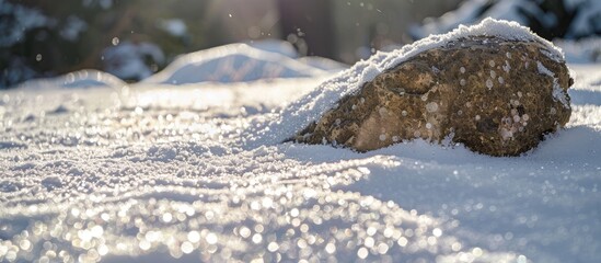 Poster - Snow-covered ground in winter with a sparkling texture under sunlight, highlighted by a lone rock in the background, creating a picturesque copy space image.
