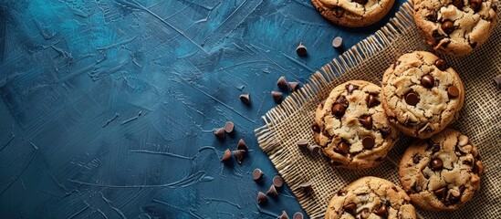 Poster - A bunch of chocolate chip cookies on burlap and vibrant blue textures, ideal for adding text in the vacant area in the image. Copy space image. Place for adding text and design