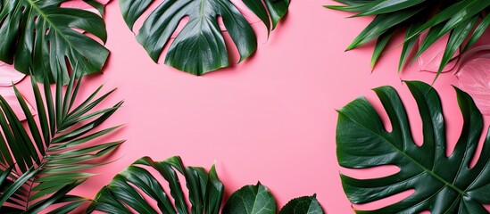 Canvas Print - Vibrant tropical leaves on a pink background with copy space image for a tropical-themed flat lay.