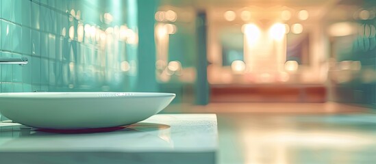 Aufkleber - Blurry bathroom background with a table-top, ideal as a copy space image.