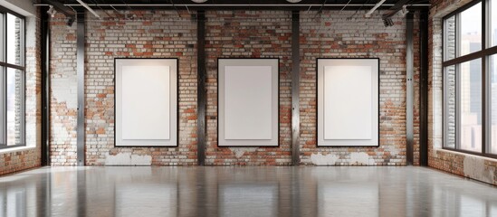 Poster - Modern art gallery displaying frames with blank canvases on a brick wall, providing copy space image for design.