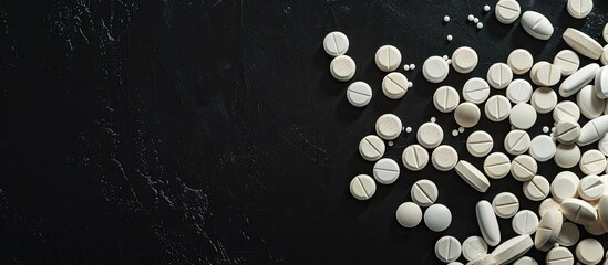 Canvas Print - Medicine pills are displayed against a black backdrop with a large copy space image.