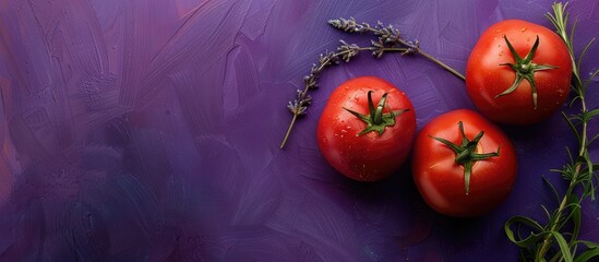 Poster - Fresh vegetables including three vibrant red tomatoes and a sprig of lavender are displayed on a purple background with a copy space image, ready for cooking on the table.