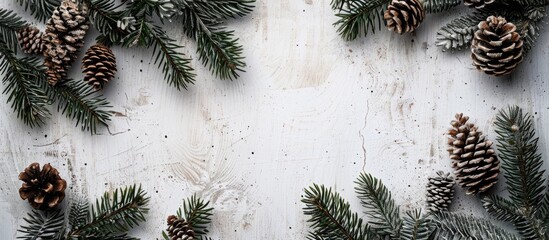 Aufkleber - Light wooden background with fir branches and cones, offering space for your design in this copy space image.