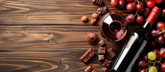 Wall Mural - Top-down view of a red wine bottle, grapes, chocolates, and glasses on a wooden table, with space for additional content within the image.