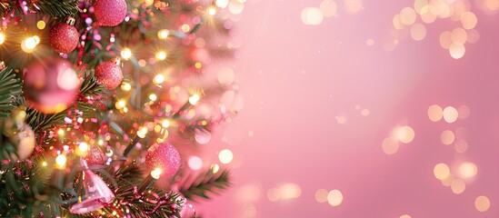 Fototapete - Pink background adorned with sparkling lights garland and sequins, perfect for a Christmas-themed copy space image.