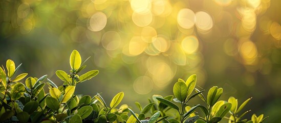 Poster - Nature scene with green foliage and blurred background, bathed in warm morning light, perfect for a copy space image.