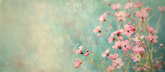 Wall Mural - A collage featuring pink forget-me-nots against a vintage background, creating a soft and pastel card with copy space image.