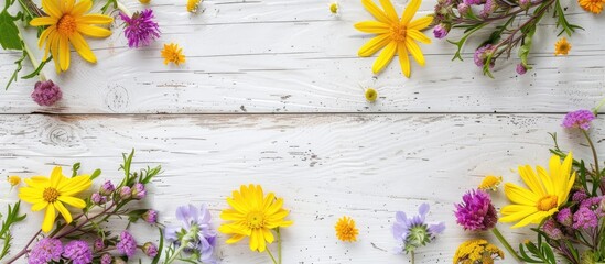 Poster - A white wooden table adorned with yellow and purple flowers, providing ample copy space image.
