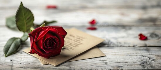 Aufkleber - Close-up view of Love, Wedding, Proposal, Anniversary concept with a red velvet rose and a love letter on a light wooden table, featuring copy space image.