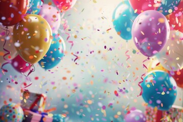 Poster - A joyful image of colorful balloons, confetti, and presents against a bright background, perfect for childrens stores, event planners, and photo studios. Generative AI