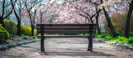 Wall Mural - An empty bench with no people around in a garden, set against a backdrop of blossoming cherry blossom trees (sakura tree), with copy space image.