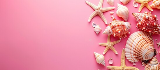 Canvas Print - A beach-themed copy space image featuring seashells and starfish on a vibrant pink background, ideal for travel memorabilia with a maritime cruise theme, evoking memories of summer trips to sandy