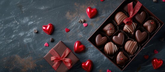 Aufkleber - Valentine's Day heart-shaped chocolate pralines in a gift box, top view with copy space image.