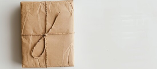 Poster - Package wrapped in brown kraft paper against a white backdrop with copy space image.