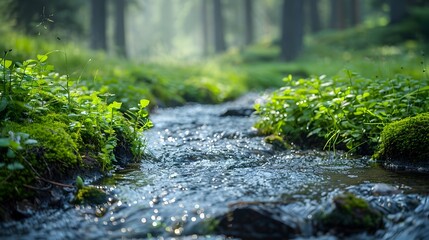 Canvas Print - Crisp Clear Stream Flowing Through Verdant Landscape Embracing the Energy of New Beginnings Concept