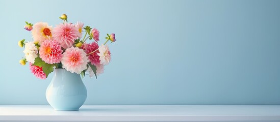 Wall Mural - Dahlia flower bouquet displayed in a vase on a white table with room for text in the image. Copy space image. Place for adding text and design