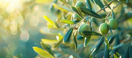 Aufkleber - A close-up image of a ripe olive branch with green leaves symbolizes the Mediterranean diet concept and features ample copy space for design.
