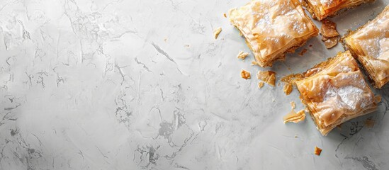 Wall Mural - Sweet baklava displayed on a light grey marble surface from a top-down perspective, with room for text in the image. Copy space image. Place for adding text and design