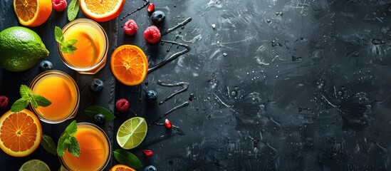 Fototapete - Fresh juice inscribed with chalk on a blackboard featuring copy space image.